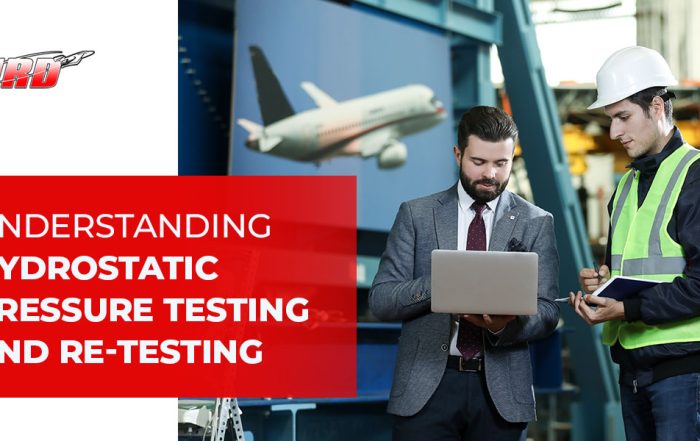 Men sharing testing notes while aircraft take off in the background