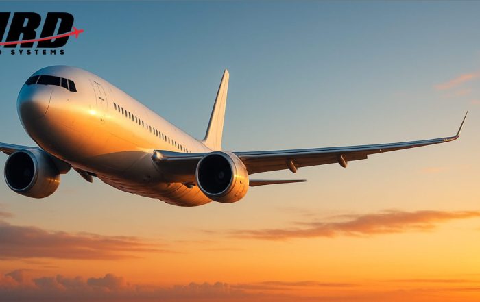 Airplane flying at sunset with HRD Aero Systems Logo