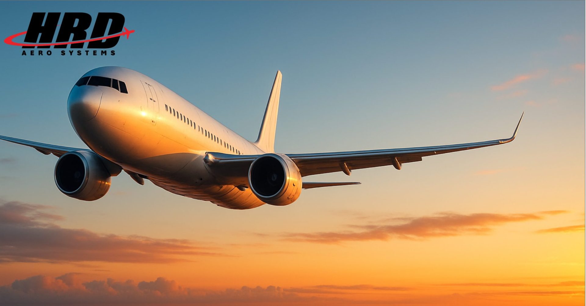 Airplane flying at sunset with HRD Aero Systems Logo